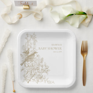 Assiettes En Carton Elégant Tan Chinoiserie Nature Birds Baby shower