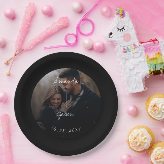 Assiettes En Carton Élégant texte superposition Script photo mariage f (Fête)