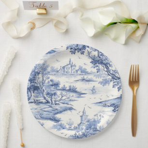 Assiettes En Carton Elégant Toile Bleue Français Classique Porceline S