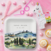 Assiettes En Carton Elégant Toscane Italie Aquarelle Mariage paysage (Fête)