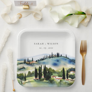 Assiettes En Carton Elégant Toscane Italie Aquarelle Mariage paysage