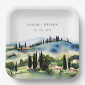 Assiettes En Carton Elégant Toscane Italie Aquarelle Mariage paysage (Recto)