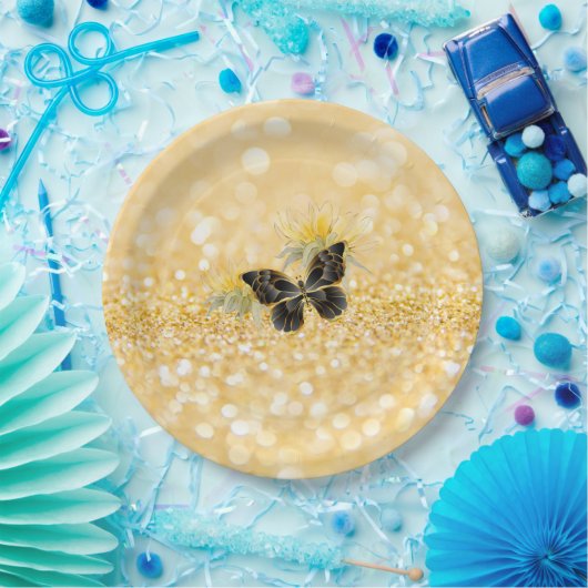 Assiettes En Carton Élégant tournesol étincelant noir papillon or (Fête)