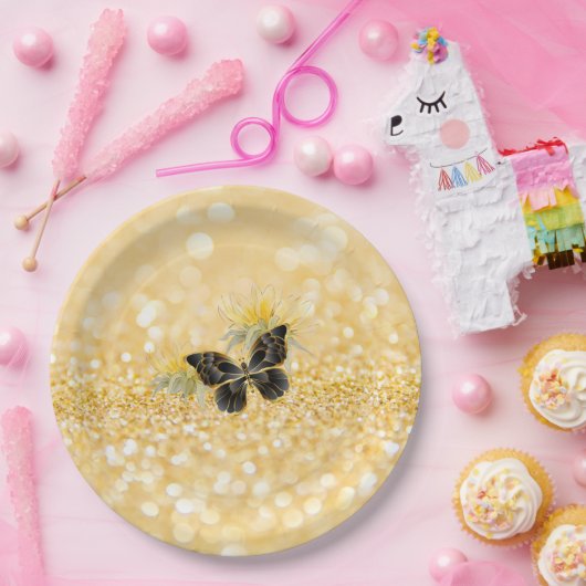 Assiettes En Carton Élégant tournesol étincelant noir papillon or (Fête)