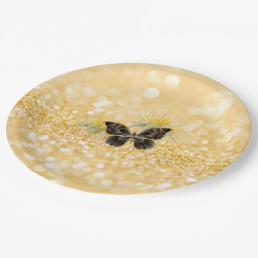 Assiettes En Carton Élégant tournesol étincelant noir papillon or (Angle)