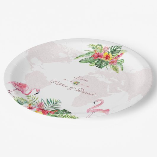 Assiettes En Carton Élégant Tropical Floral Gold World Map Mariage (Angle)