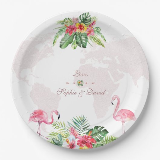 Assiettes En Carton Élégant Tropical Floral Gold World Map Mariage (Devant)