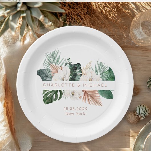Assiettes En Carton Élégant, tropical, mariage feutré
