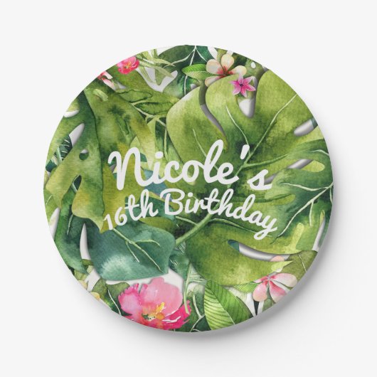 Assiettes En Carton Elégant Tropics Vert Feuille Floral Aquarelle (Devant)