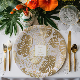 Assiettes En Carton Élégant Tropiques Monstera Mariage or doré