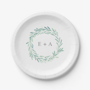 Assiettes En Carton Élégant vert Aquarelle Mariage de monogramme de co
