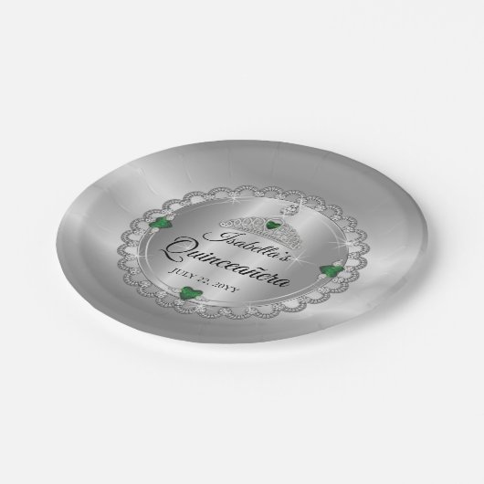 Assiettes En Carton Élégant vert émeraude | Diamond Crown Quinceañera (Angle)