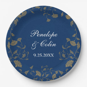 Assiettes En Carton Élégant Vintage Blue Bride Groom Noms Mariage