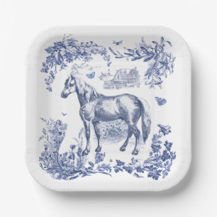 Assiettes En Carton Élégant Vintage Fleur de Cheval Bleu Blanc