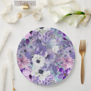 Assiettes En Carton Élégant Violet Et Violet Fleurs sauvages Et Ciel