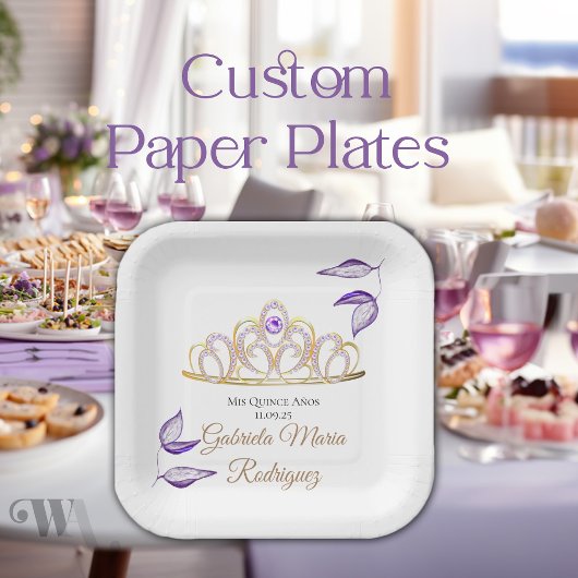 Assiettes En Carton Elégant violet Feuille Gold Tiara Quinceañera