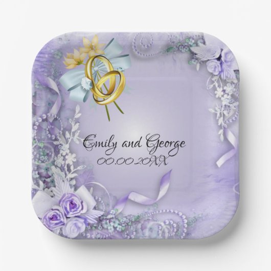 Assiettes En Carton Élégant violet personnalisable Mariage/Fiançailles (Recto)