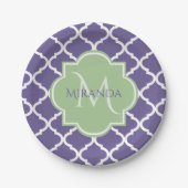 Assiettes En Carton Élégant violet Quatrefoil et nom vert Monogramme (Devant)