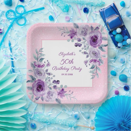 Assiettes En Carton Élégant violet Rose Parties scintillant rose Flora (Fête)