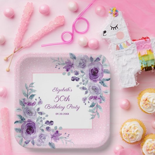 Assiettes En Carton Élégant violet Rose Parties scintillant rose Flora (Fête)