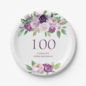 Assiettes En Carton Élégant violet | Violet Floral 100e anniversaire (Devant)