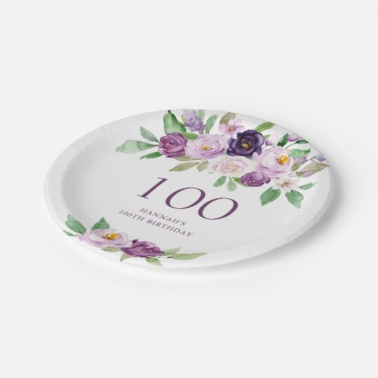 Assiettes En Carton Élégant violet | Violet Floral 100e anniversaire (Angle)