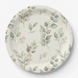 Assiettes En Carton Elegant Watercolor Eucalyptus and Blush Berry Bota