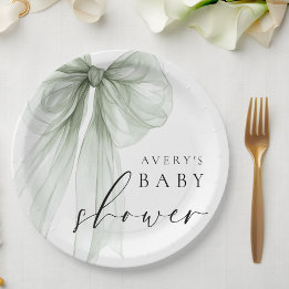Assiettes En Carton Elegant White Sage Green Bow Baby Shower