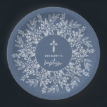 Assiettes En Carton Elegant Wreath and Cross Blue Boy Baptism<br><div class="desc">Stylish blue boy first communion napkins feature your son's name and the words first communion in chic lettering under a white cross surrounded by a delicate wreath of white leaves. MATCHING items available in our collection.</div>