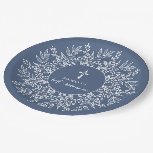 Assiettes En Carton Elegant Wreath and Cross Blue Boy First Communion (Angle)