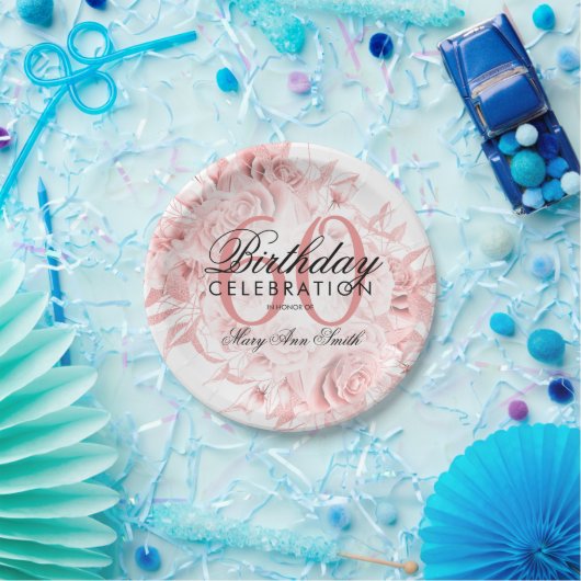 Assiettes En Carton Élégante 60e fête d'anniversaire Floral Rose Gold (Fête)