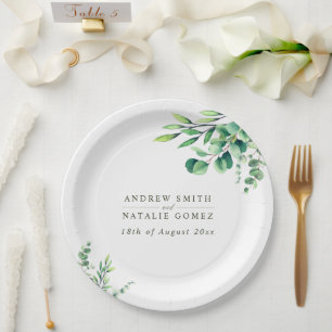 Assiettes En Carton Elégante aquarelle Eucalyptus Mariage vert