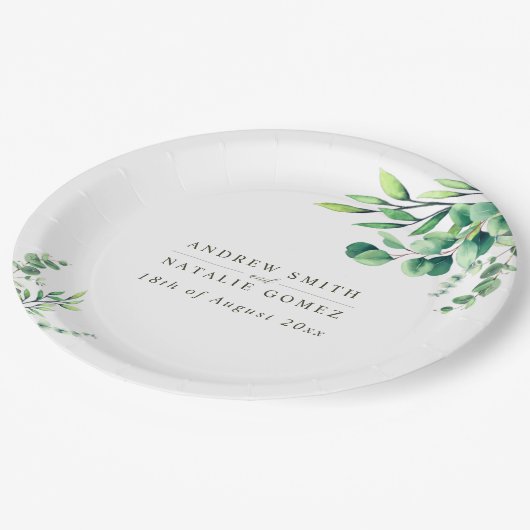 Assiettes En Carton Elégante aquarelle Eucalyptus Mariage vert (Angle)