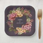 Assiettes En Carton Elégante aquarelle florale<br><div class="desc">Élégantes fleurs d'aquarelle rose et or avec une belle verdure sur un arrière - plan d'aubergine sombre,  ces assiettes carrés en papier sont parfaites pour brunch et bubbly couples wedding shower,  douche nuptiale,  baby shower ou toute occasion spéciale. CORRESPONDRE des articles dans notre magasin.</div>