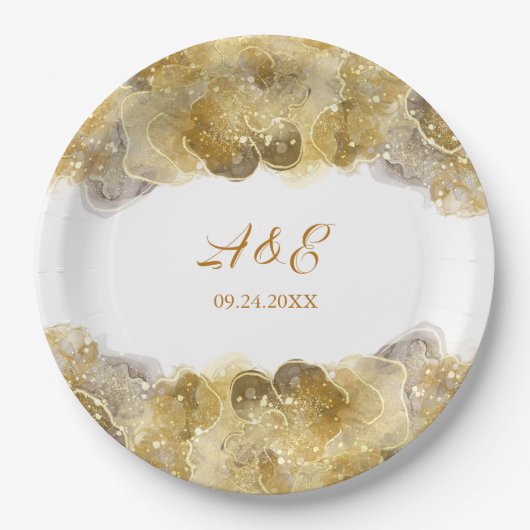 Assiettes En Carton Elégante Aquarelle Or Plaques Mariage papier (Devant)