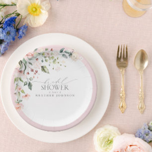 Assiettes En Carton Elégante aquarelle rose Fête des mariées florale