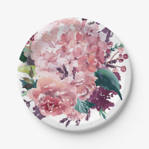 Assiettes En Carton Elégante aquarelle rose Floral   Hydrangée