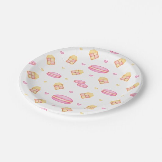 Assiettes En Carton Elégante Aquarelle rose & or Pastel Macarons (Angle)
