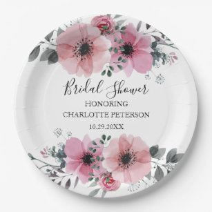 Assiettes En Carton Elégante Aquarelle rose pâle Fête des mariées flor