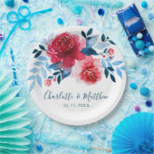 Assiettes En Carton Elégante aquarelle rouge bleu Mariage floral (Fête)