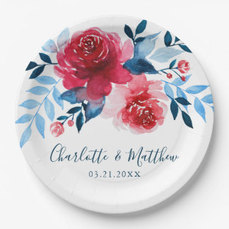 Assiettes En Carton Elégante aquarelle rouge bleu Mariage floral