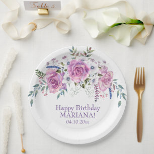 Assiettes En Carton Elégante aquarelle violet florale fête d'anniversa