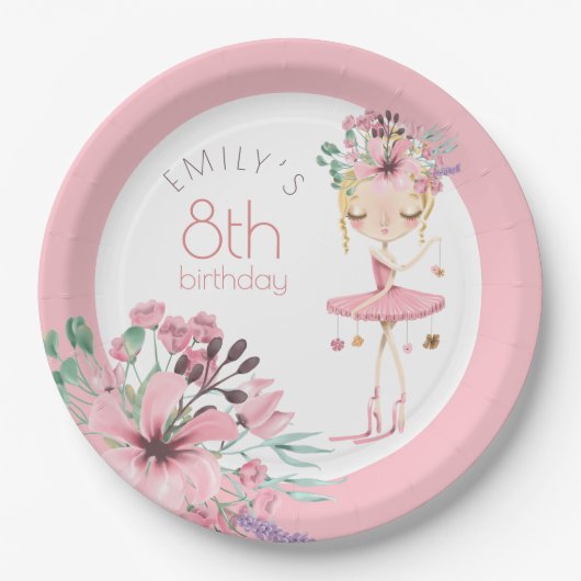 Assiettes En Carton Elégante Ballerina Florals Fille 8e fête d'anniver (Devant)