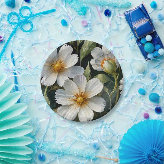 Assiettes En Carton Elégante Belle Fleurs Blanches Aquarelle Chic (Fête)