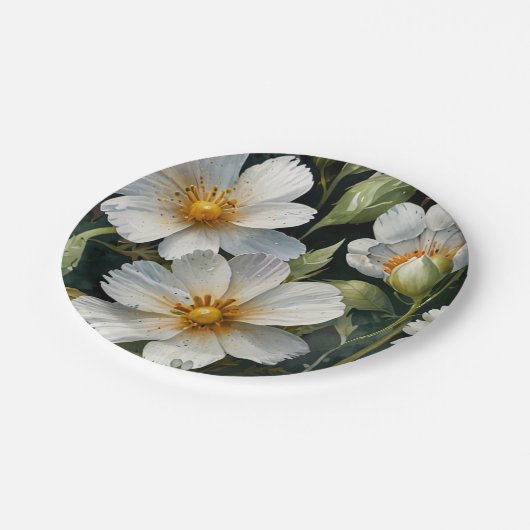 Assiettes En Carton Elégante Belle Fleurs Blanches Aquarelle Chic (Angle)