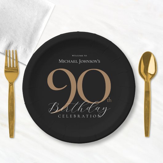 Assiettes En Carton Elégante Black Gold 90th Birthday Party