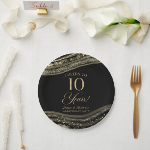 Assiettes En Carton Élégante Black Gold Agate 10e Anniversaire fête