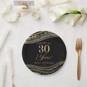 Assiettes En Carton Elégante Black Gold Agate 30e fête d'anniversaire