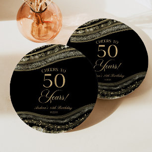 Assiettes En Carton Elégante Black Gold Agate 50e fête d'anniversaire