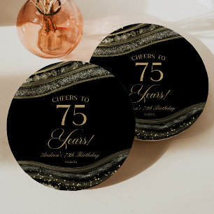 Assiettes En Carton Elégante Black Gold Agate 75e fête d'anniversaire